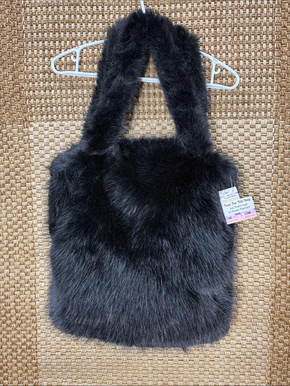 NWT Black Faux Fur Tote Bag with Plush Handles